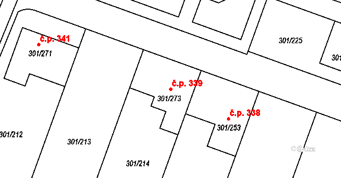 Hlušovice 339 na parcele st. 301/273 v KÚ Hlušovice, Katastrální mapa