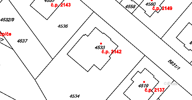 Jihlava 2142 na parcele st. 4533 v KÚ Jihlava, Katastrální mapa