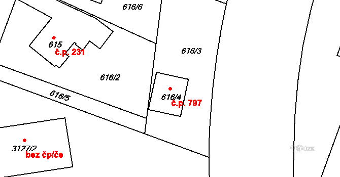 Lyžbice 797, Třinec na parcele st. 616/4 v KÚ Lyžbice, Katastrální mapa
