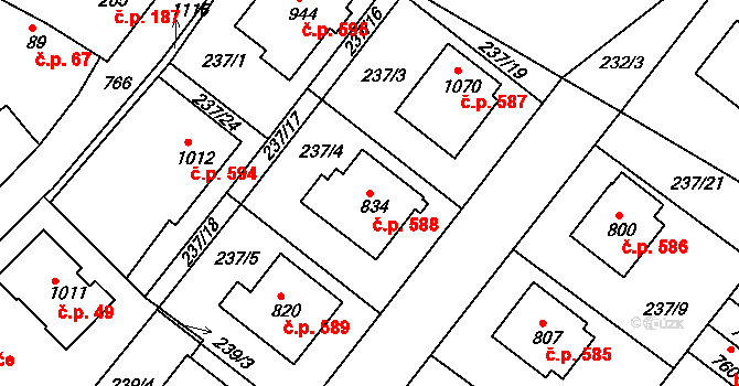 Smiřice 588 na parcele st. 834 v KÚ Smiřice, Katastrální mapa