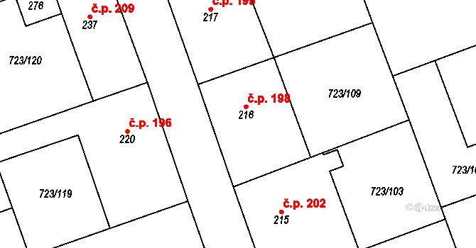 Drozdov 198 na parcele st. 216 v KÚ Drozdov v Čechách, Katastrální mapa