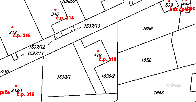 Brozany nad Ohří 318 na parcele st. 419 v KÚ Brozany nad Ohří, Katastrální mapa
