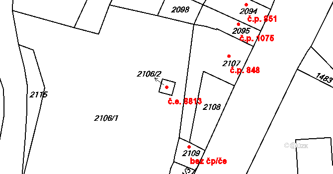 Střekov 8813, Ústí nad Labem na parcele st. 2106/2 v KÚ Střekov, Katastrální mapa