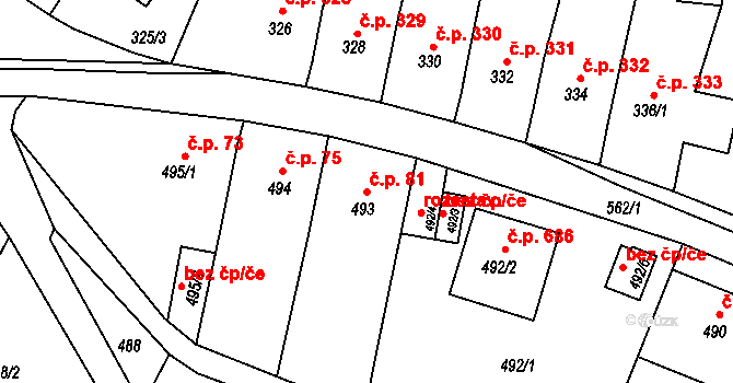 Miřetice u Klášterce nad Ohří 81, Klášterec nad Ohří na parcele st. 493 v KÚ Miřetice u Klášterce nad Ohří, Katastrální mapa