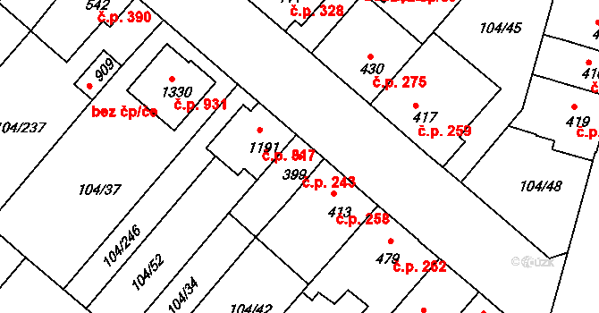 Podklášteří 243, Třebíč na parcele st. 399 v KÚ Podklášteří, Katastrální mapa