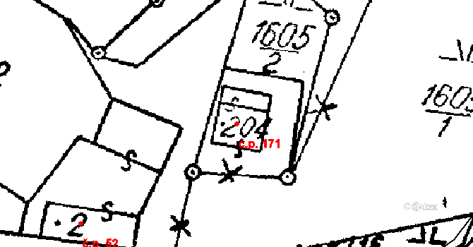 Šebetov 171 na parcele st. 204 v KÚ Šebetov, Katastrální mapa