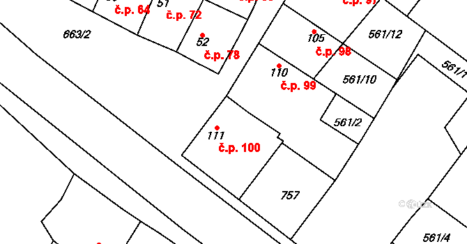 Chlumín 100 na parcele st. 111 v KÚ Chlumín, Katastrální mapa