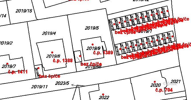 Krč 1389, Praha na parcele st. 2019/9 v KÚ Krč, Katastrální mapa