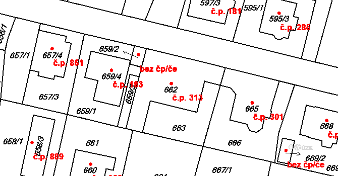 Nebušice 313, Praha na parcele st. 662 v KÚ Nebušice, Katastrální mapa