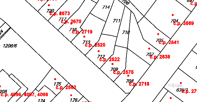 Chomutov 2522 na parcele st. 712 v KÚ Chomutov II, Katastrální mapa