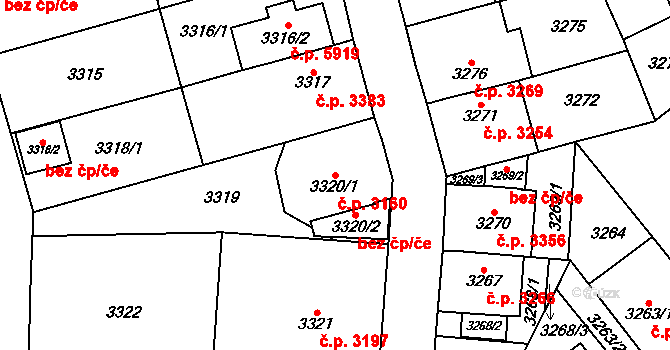 Chomutov 3160 na parcele st. 3320/1 v KÚ Chomutov I, Katastrální mapa