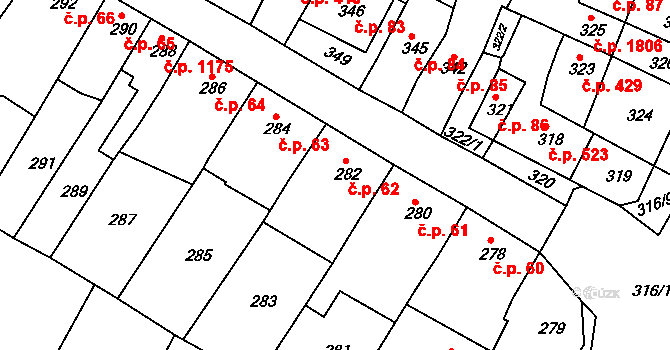 Šlapanice 62 na parcele st. 282 v KÚ Šlapanice u Brna, Katastrální mapa