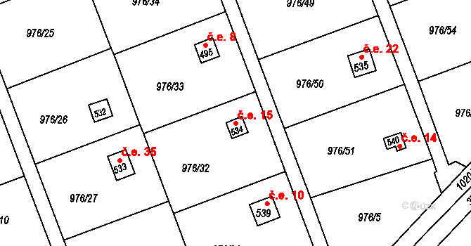 Věkoše 15, Hradec Králové na parcele st. 534 v KÚ Věkoše, Katastrální mapa