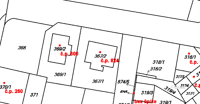 Bohnice 824, Praha na parcele st. 367/2 v KÚ Bohnice, Katastrální mapa