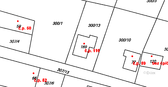 Žizníkov 116, Česká Lípa na parcele st. 189 v KÚ Žizníkov, Katastrální mapa