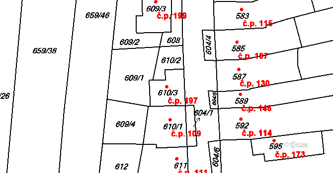 Horákov 197, Mokrá-Horákov na parcele st. 610/3 v KÚ Horákov, Katastrální mapa