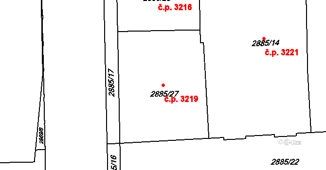 Smíchov 3219, Praha na parcele st. 2885/27 v KÚ Smíchov, Katastrální mapa