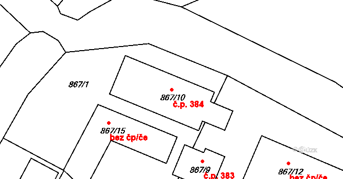 Mochov 384 na parcele st. 867/10 v KÚ Mochov, Katastrální mapa
