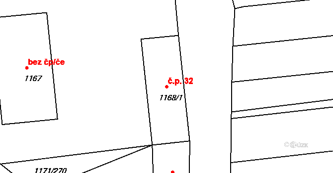 Hlohovec 32 na parcele st. 1168/1 v KÚ Hlohovec, Katastrální mapa