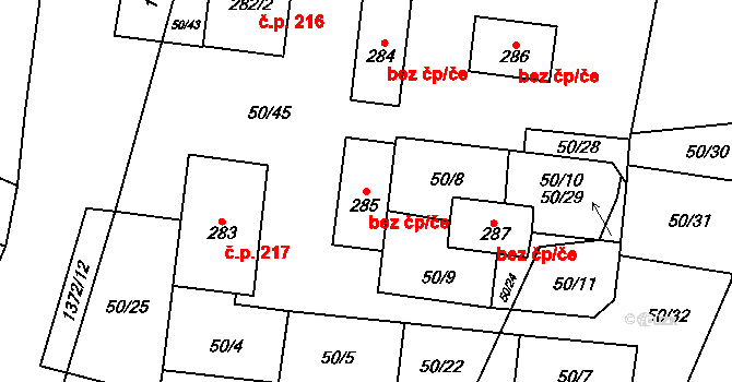 Mělnické Vtelno 45377197 na parcele st. 285 v KÚ Mělnické Vtelno, Katastrální mapa