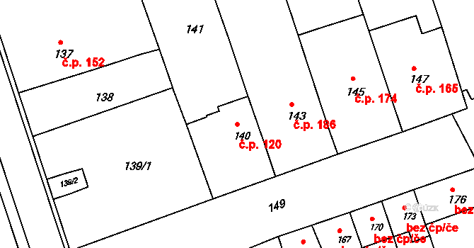 Hrušky 120 na parcele st. 140 v KÚ Hrušky u Brna, Katastrální mapa