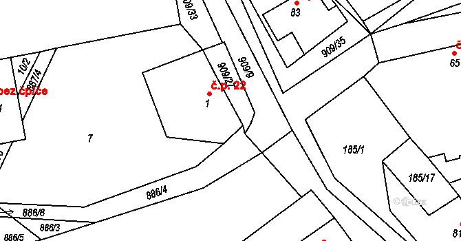 Rváčov 22, Vysočina na parcele st. 1 v KÚ Rváčov u Hlinska, Katastrální mapa
