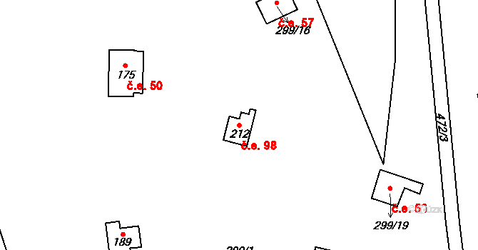 Kunčí 98, Slatiňany na parcele st. 212 v KÚ Kunčí, Katastrální mapa