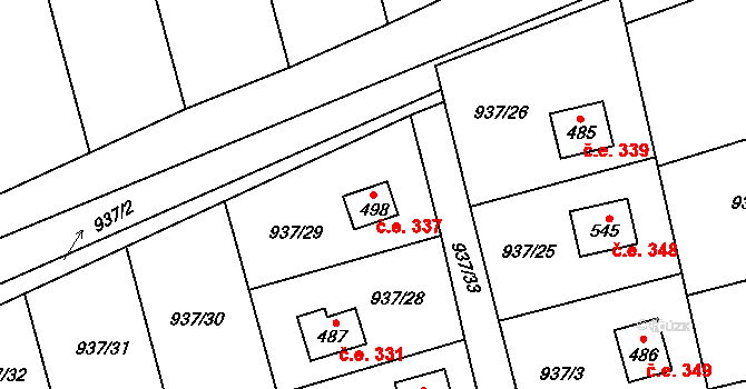 Vlkančice 337 na parcele st. 498 v KÚ Vlkančice, Katastrální mapa