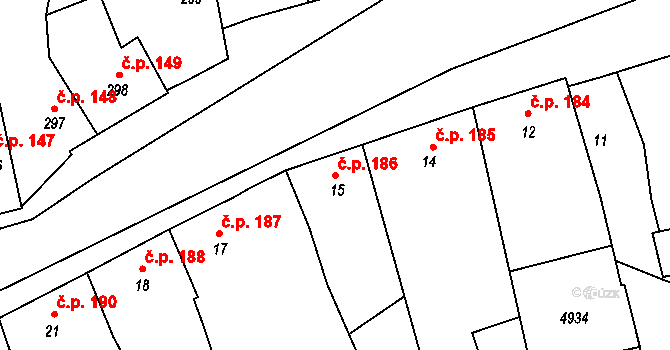 Kožlany 186 na parcele st. 15 v KÚ Kožlany, Katastrální mapa