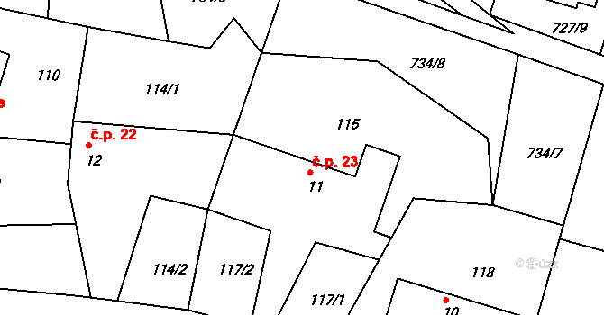Klínec 23 na parcele st. 11 v KÚ Klínec, Katastrální mapa