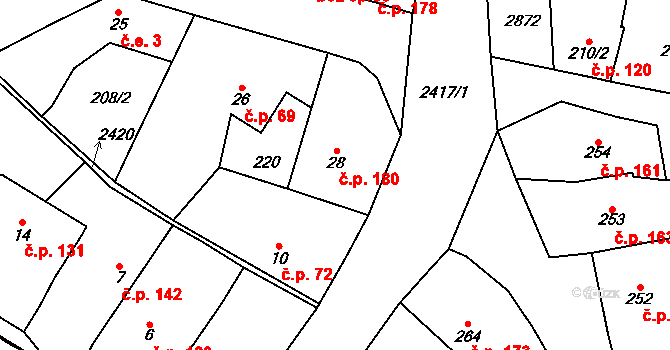 Klenčí pod Čerchovem 180 na parcele st. 28 v KÚ Klenčí pod Čerchovem, Katastrální mapa