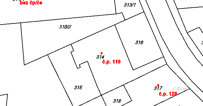 Josefov 119, Jaroměř na parcele st. 314 v KÚ Josefov u Jaroměře, Katastrální mapa