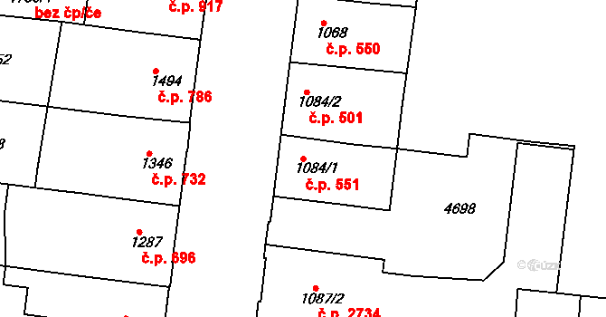 Zelené Předměstí 551, Pardubice na parcele st. 1084/1 v KÚ Pardubice, Katastrální mapa