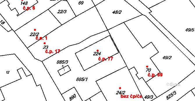 Drmaly 77, Vysoká Pec na parcele st. 224 v KÚ Drmaly, Katastrální mapa