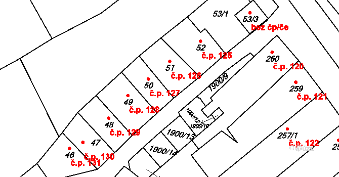 Pouzdřany 126 na parcele st. 51 v KÚ Pouzdřany, Katastrální mapa