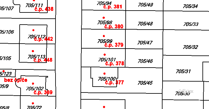 Všetuly 378, Holešov na parcele st. 705/101 v KÚ Všetuly, Katastrální mapa