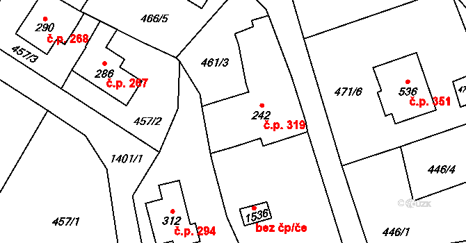Vranov nad Dyjí 319 na parcele st. 242 v KÚ Vranov nad Dyjí, Katastrální mapa