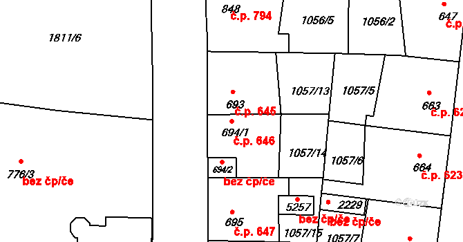 Nymburk 646 na parcele st. 694/1 v KÚ Nymburk, Katastrální mapa
