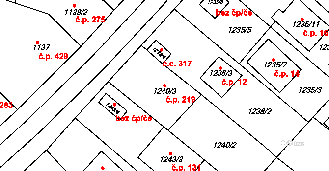 Židlochovice 219 na parcele st. 1240/3 v KÚ Židlochovice, Katastrální mapa