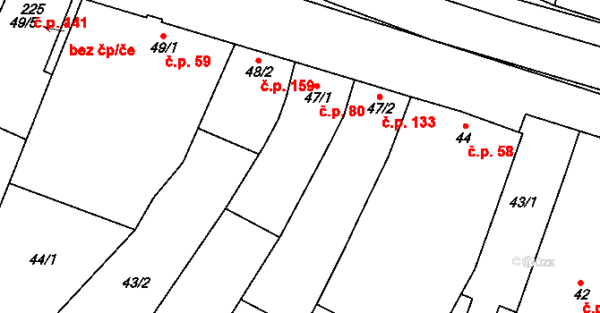 Louka 80 na parcele st. 47/1 v KÚ Louka u Ostrohu, Katastrální mapa