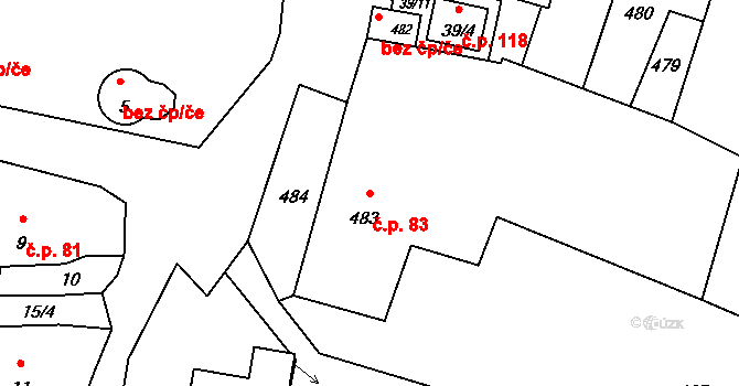 Stonařov 83 na parcele st. 483 v KÚ Stonařov, Katastrální mapa
