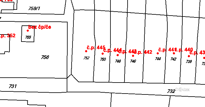 Horní Těrlicko 444, Těrlicko na parcele st. 750 v KÚ Horní Těrlicko, Katastrální mapa