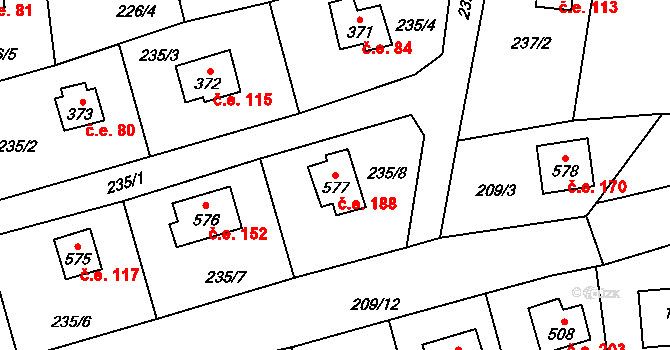 Javorník 188, Čtyřkoly na parcele st. 577 v KÚ Čtyřkoly, Katastrální mapa