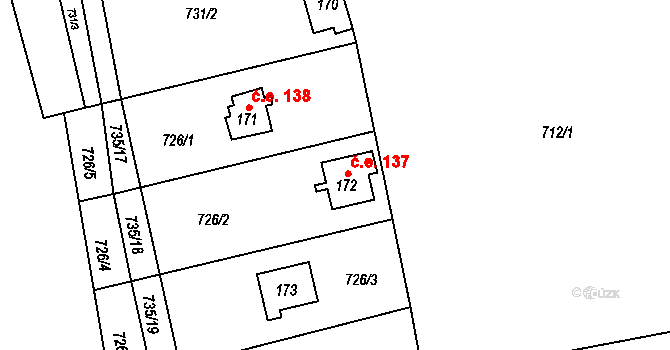 Poddubí 137, Kaliště na parcele st. 172 v KÚ Kaliště u Ondřejova, Katastrální mapa
