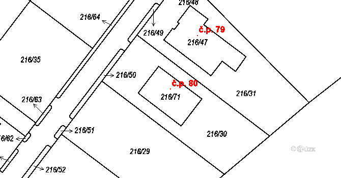 Červený Hrádek 80, Jirkov na parcele st. 216/71 v KÚ Červený Hrádek u Jirkova, Katastrální mapa