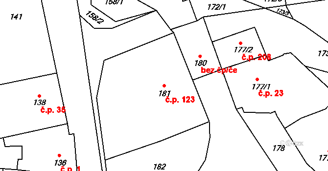 Dolní Lhota 123, Blansko na parcele st. 181 v KÚ Dolní Lhota, Katastrální mapa