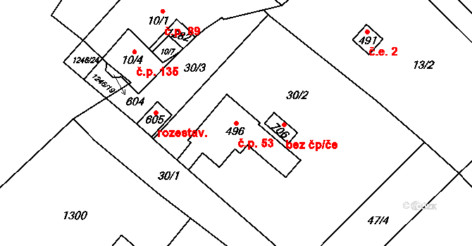 Hrdlořezy 53 na parcele st. 496 v KÚ Hrdlořezy u Mladé Boleslavi, Katastrální mapa