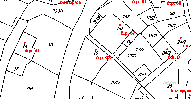 Malíč 38 na parcele st. 19 v KÚ Malíč, Katastrální mapa