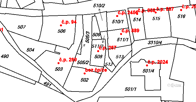 Pelhřimov 267 na parcele st. 508 v KÚ Pelhřimov, Katastrální mapa
