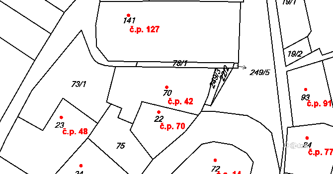 Žabonosy 42 na parcele st. 70 v KÚ Žabonosy, Katastrální mapa
